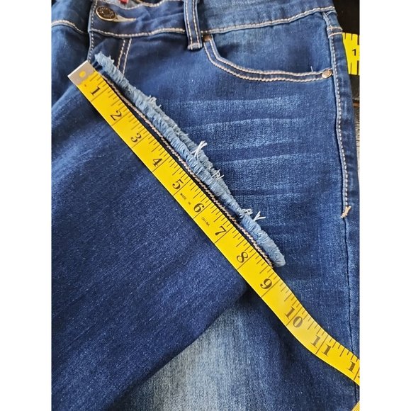 NWT WOMENS 15/34 1/2 BOOT CUT STRETCH MATERIAL DARK BLUE DISTRESSED JEANS - Picture 11 of 12